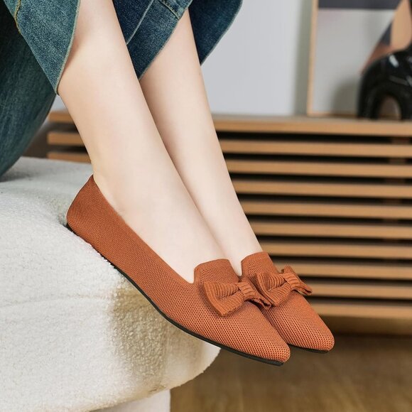 Women Brown Pointed Toe Dressy Comfortable Knit Breathable Mesh Ballet Flats - Picture 6 of 7